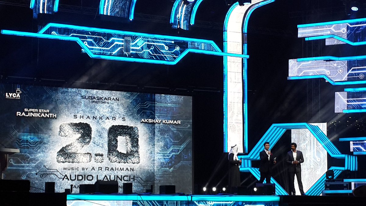 2Point0movie's tweet photo. Rocking the show, our hosts for the evening, @RJ_Balaji @RanaDaggubati @karanjohar! 🔥 #2Point0AudioLaunch #2Point0  💯 https://t.co/yxQO9uJNaI