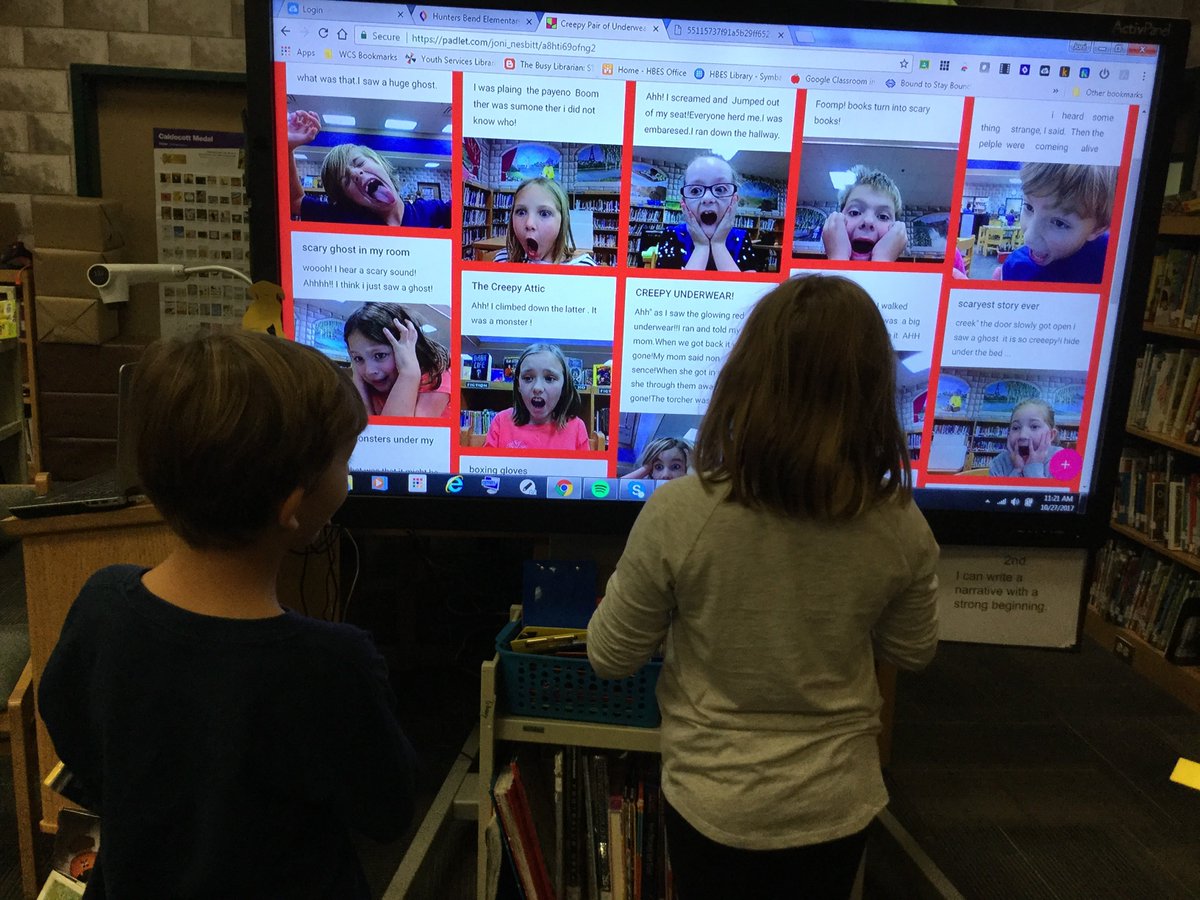 HBESLibrary's tweet photo. 2nd graders working on strong beginnings to creepy stories!  Thanks for the inspiration @areynoldsbooks!  #creepypairofunderwear https://t.co/FOrNOS6YgM