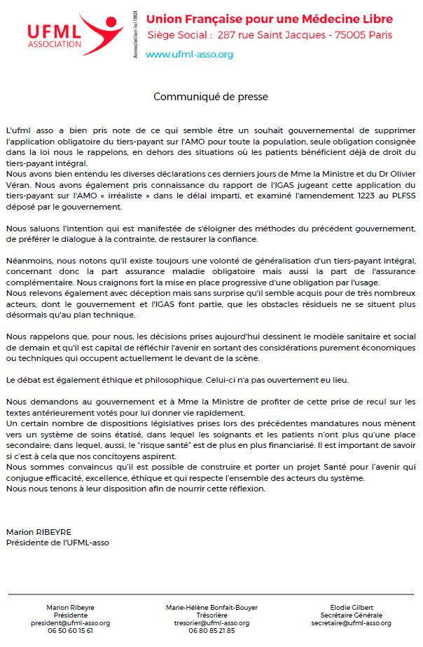 MarionRibeyre's tweet photo. Communiqué de presse #UFML-asso sur la suppression éventuelle de l'obligation du TP .@agnesbuzyn @olivierveran @EPhilippePM https://t.co/n0qPoTtrvQ