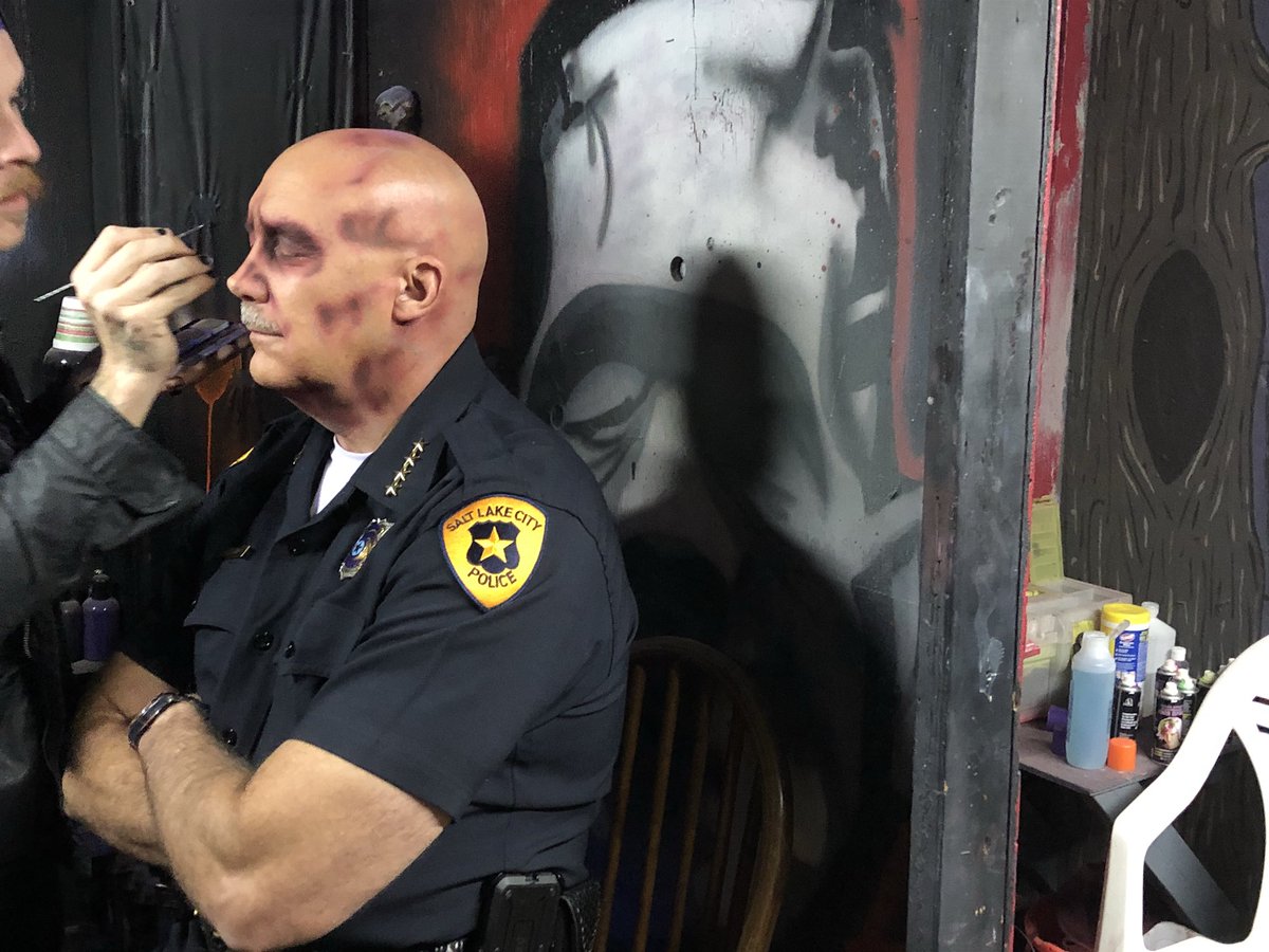 ChiefMikeBrown's tweet photo. From rappelling off a building to transforming to a #Zombie!  Getting ready for the @SLCPD #HalloweenFunFest thanks to @nightmareon13th . https://t.co/bGASzqVkks
