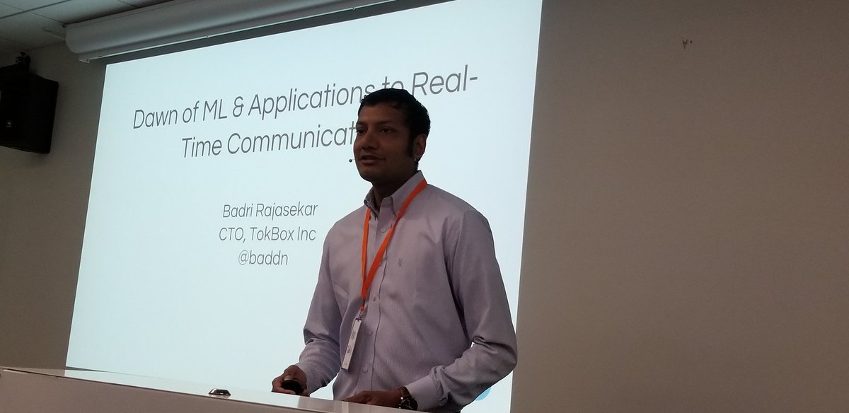 .<a href="/baddn/">Badri Rajasekar ✨</a> on stage on "The dawn of ML" for #WebRTC at <a href="/krankygeek/">krankygeek</a> #webrtclive event in SF