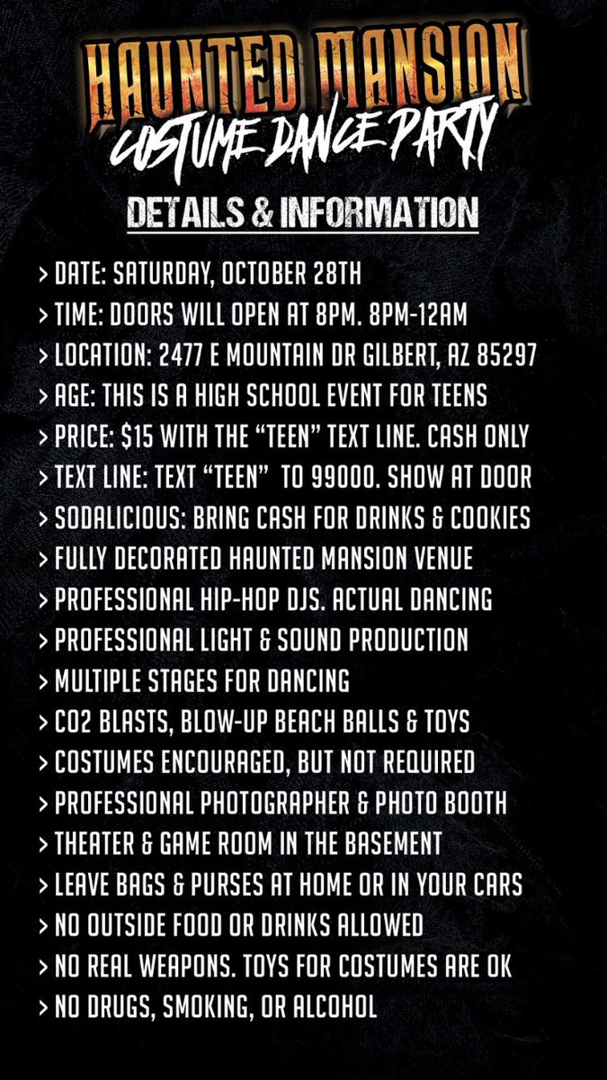 FOMOeventz's tweet photo. 🎃The HAUNTED MANSION Costume Dance Party is tomorrow!
🎃Full details below
🎃Gonna be the biggest party in AZ
🎃RT &amp; spread the word! 🔁 https://t.co/l67Bl1ZF5F