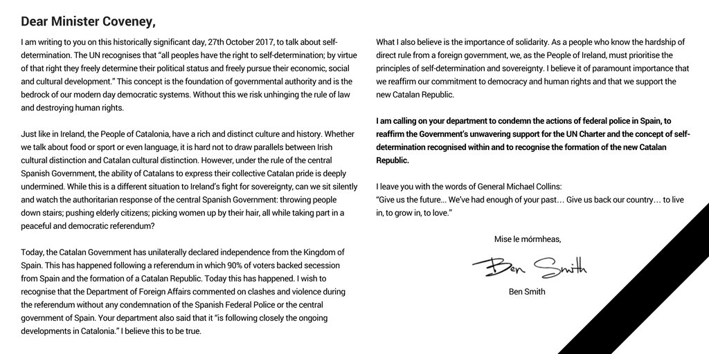benvss's tweet photo. My open letter to @simoncoveney and @dfatirl about the importance of recognising the new #CatalanRepublic https://t.co/2SRwfJyR0s