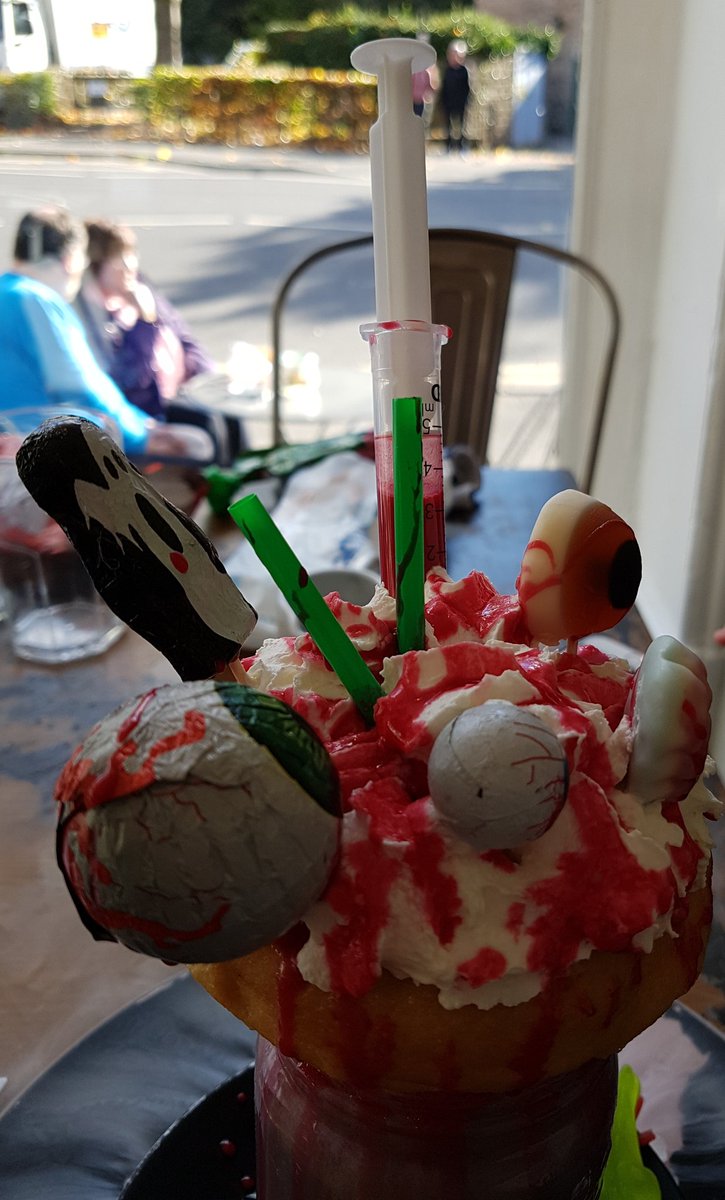 Libraryland7's tweet photo. Ghoulish smoking Halloween freakshakes at the brilliantly named @fcoffeeuk in sunny #Matlockbath  this lunchtime. https://t.co/n1z1ueMyIG