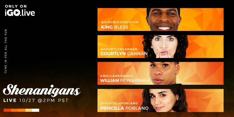 igoliveapp's tweet photo. TUNE IN: Today at 2PM #Shenanigans is back and crazier than ever. You don't want miss it! #iGOlive https://t.co/ba0QDm0PMp