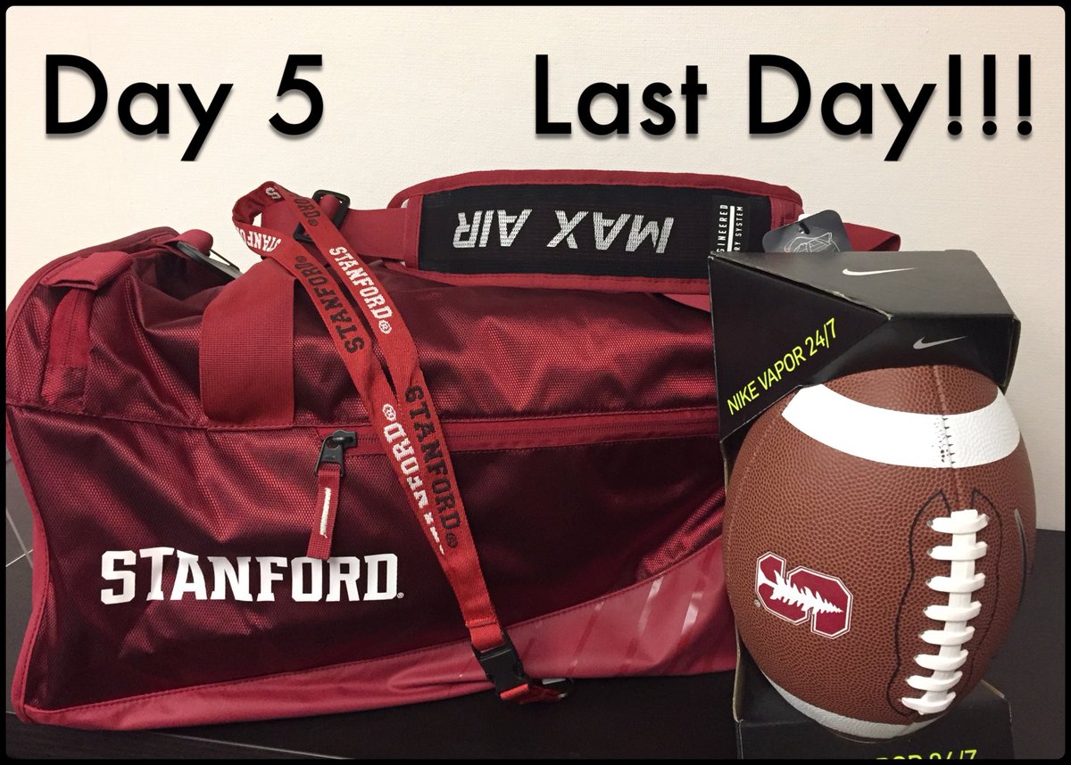 StanfordBkstr's tweet photo. It's DAY 5, the LAST DAY of the PAC-12 Movement Challenge!

Today's prize is a Nike duffle bag, Nike football, and lanyard! 

#GoStanford 🌲 https://t.co/jkQdwnxBz0
