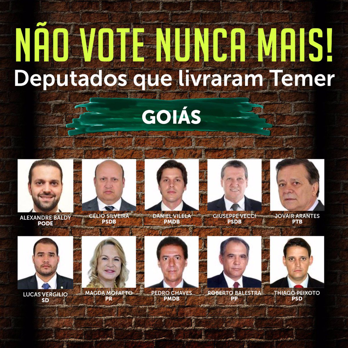 PTnaCamara's tweet photo. Veja os deps de Goiás que livraram Temer
Lembrete: a bancada toda do @PTnaCamara votou pela investigação #PraSalvarOBrasilForaTemer #LulaDay https://t.co/bSWmsvzZcW
