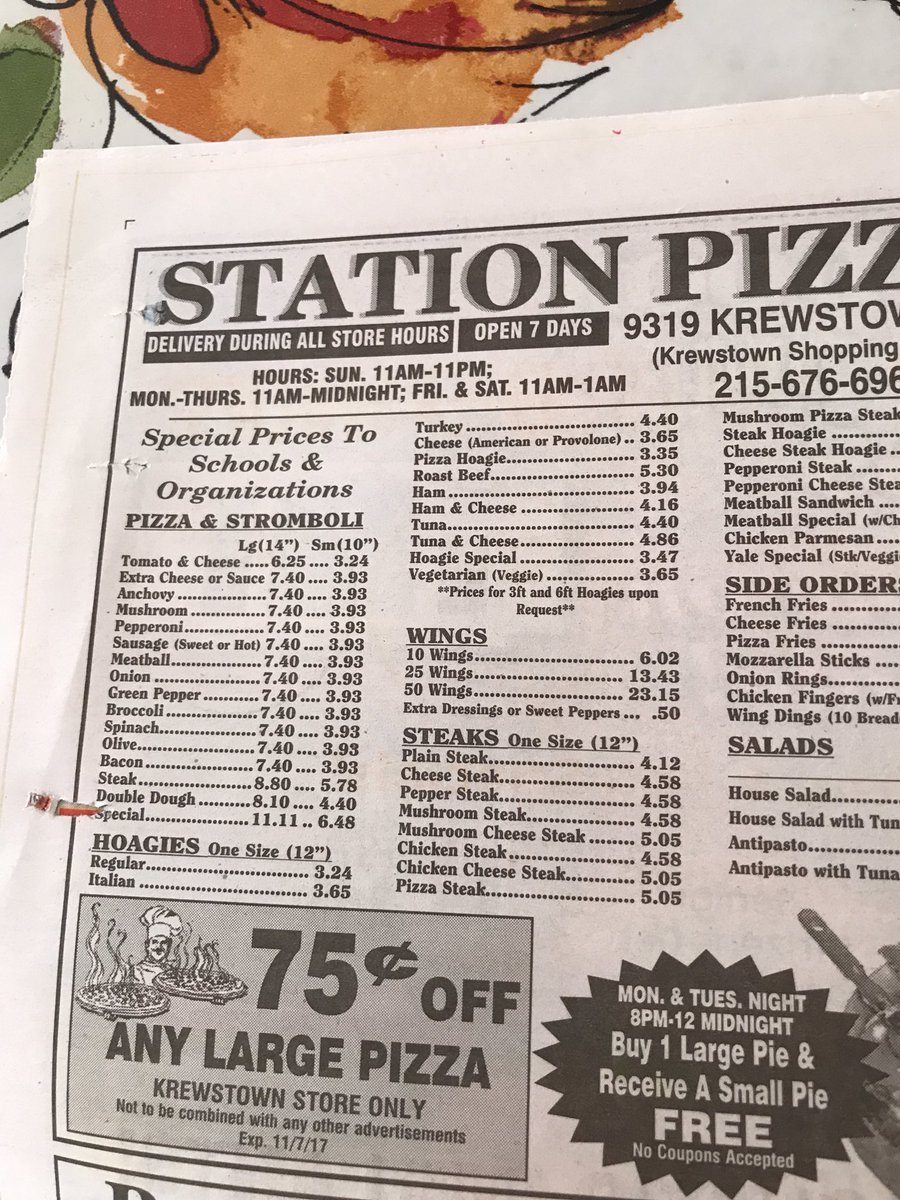 Q_vacs's tweet photo. Who let this evil happen?!?!? $6.25 for a large pizza at station. There goes the neighborhood https://t.co/hboPuB2q8Z