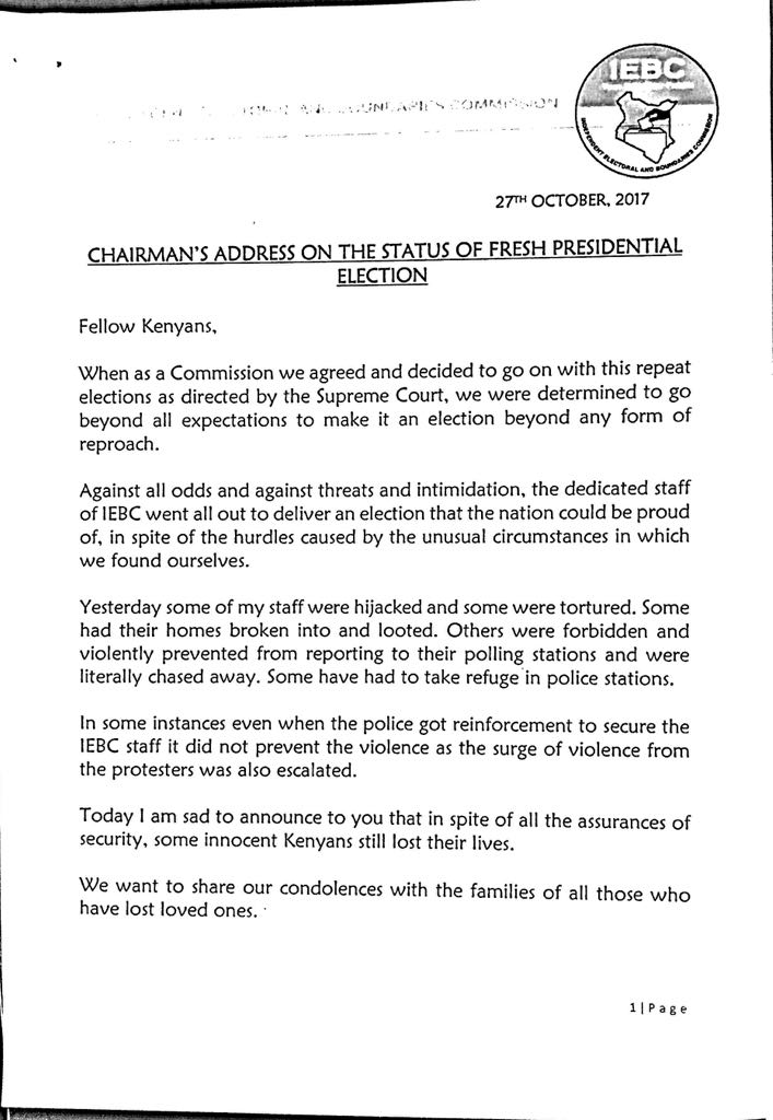 IEBCKenya's tweet photo. Update on the status of the Fresh Presidential Election. https://t.co/75v4d5lU8z