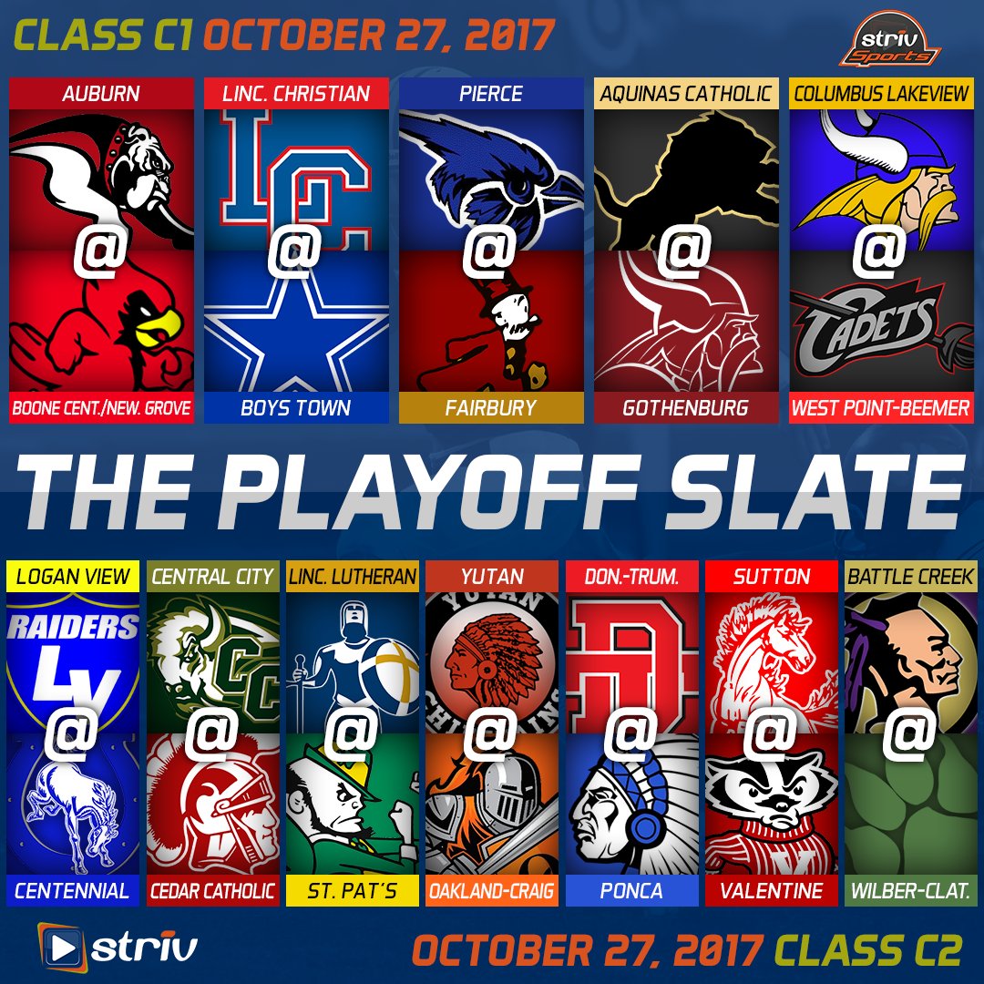 Thirteen Class C1 and C2  #StrivSchools begin their playoff journey today! Here's the <a href="/StrivTV/">Striv TV</a> Class C Playoff Slate!🏈 #nebpreps