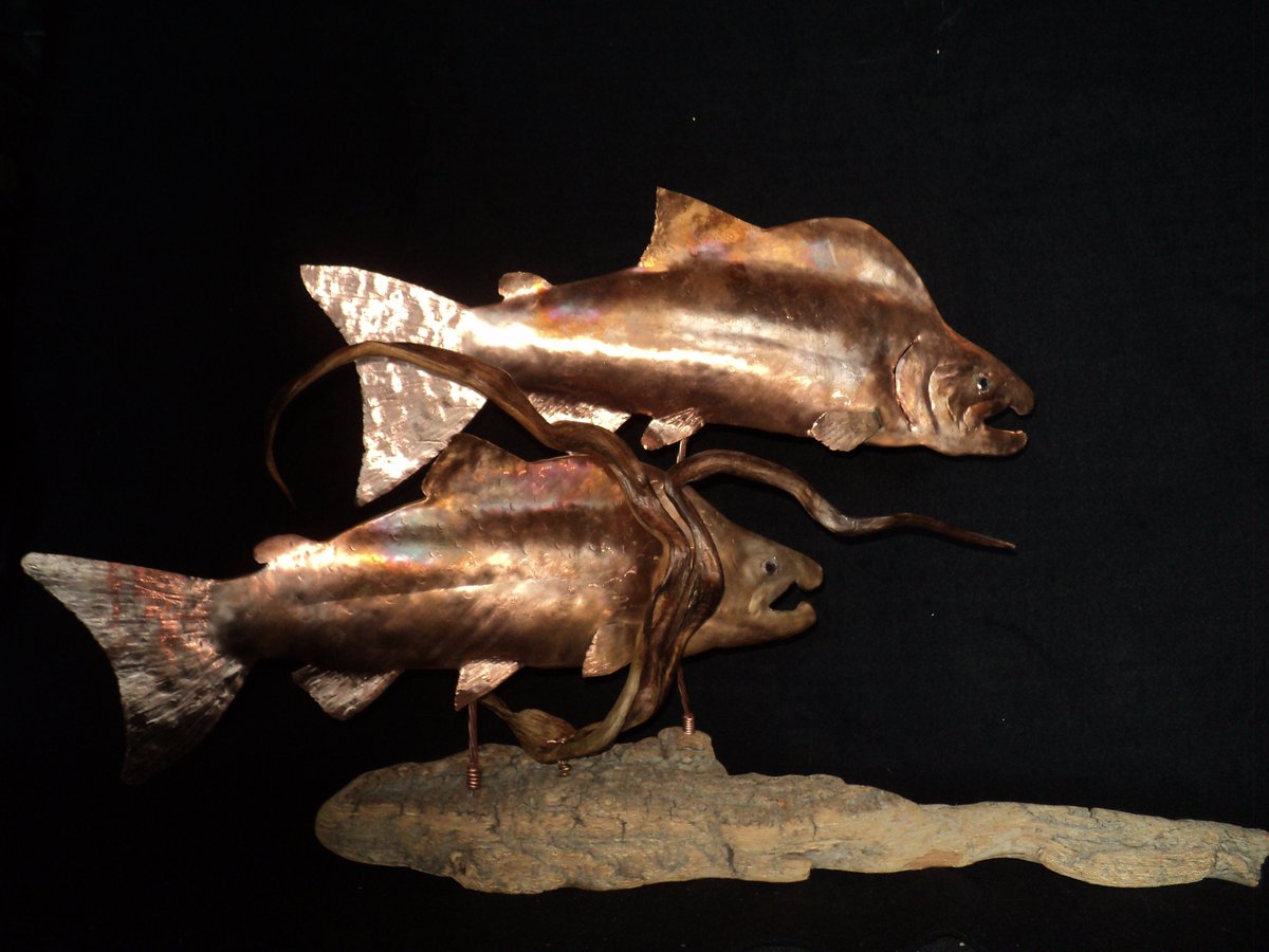 Holdzit's tweet photo. Humpies! Hammered copper, manzanita and cotton wood bark for the base. Find this and other art at fb Oregon Natural Designs #fishart  #humpy https://t.co/XY8pgvmXAw