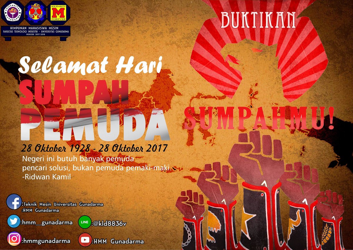 Mari sama-sama kita ikrarkan lagi Sumpah Pemuda dengan suara yang paling lantang!

HMM FTI UG
2017/2018

#SumpahPemuda