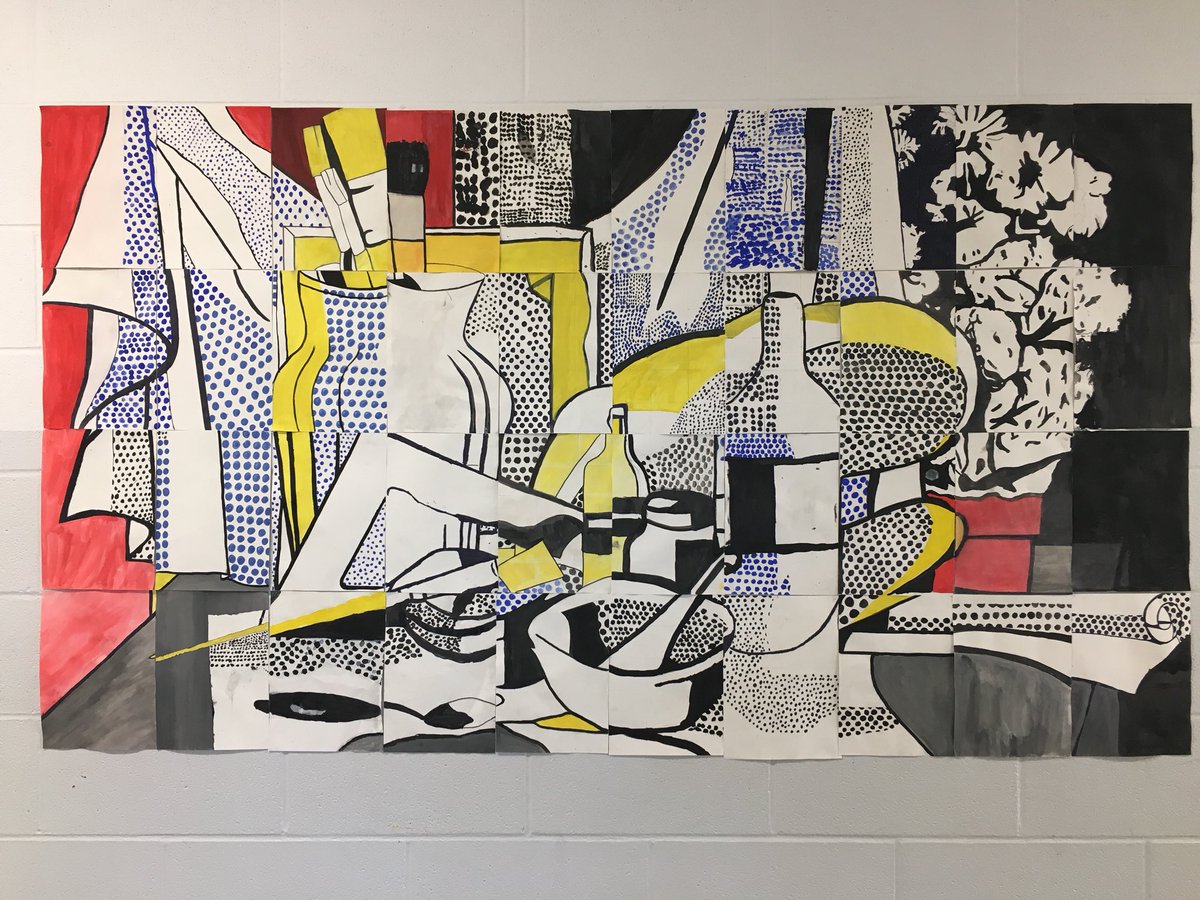 sarahhogan85's tweet photo. Ode to #Roy Lichtenstein on a Friday afternoon. 40 x A4 individual works.  #HappyFriday #1styearart #teamwork https://t.co/lxykbXN3Ro