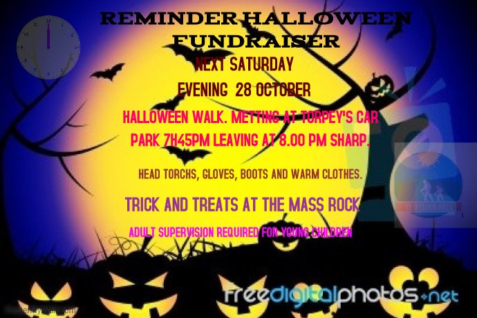 Reminder re our Halloween Darkness Walk on this Saturday evening Nov 28th on the 12 O'Clock Hills at 8pm.  See poster for more details