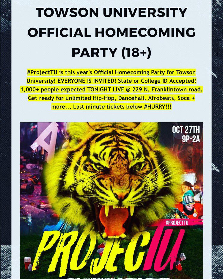 BiancaLonchamp's tweet photo. TONIGHT ‼️
The ONLY OFFICIAL towson’s HC party! 🐯
Hosted by Davy J🎙
For last min tix 🎟
Text “#ProjectTu” to
240-646-2624 X 240-547-7152 https://t.co/FmlZhRjeRJ