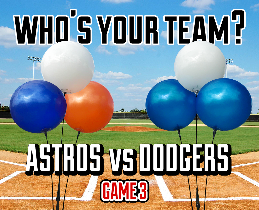 Ballooninmedia's tweet photo. #WorldSeries is off to an exciting start! Who is going to take the title!? @astros or @dodgers!? #duraballoons #MLB https://t.co/FJXs2Z32GY