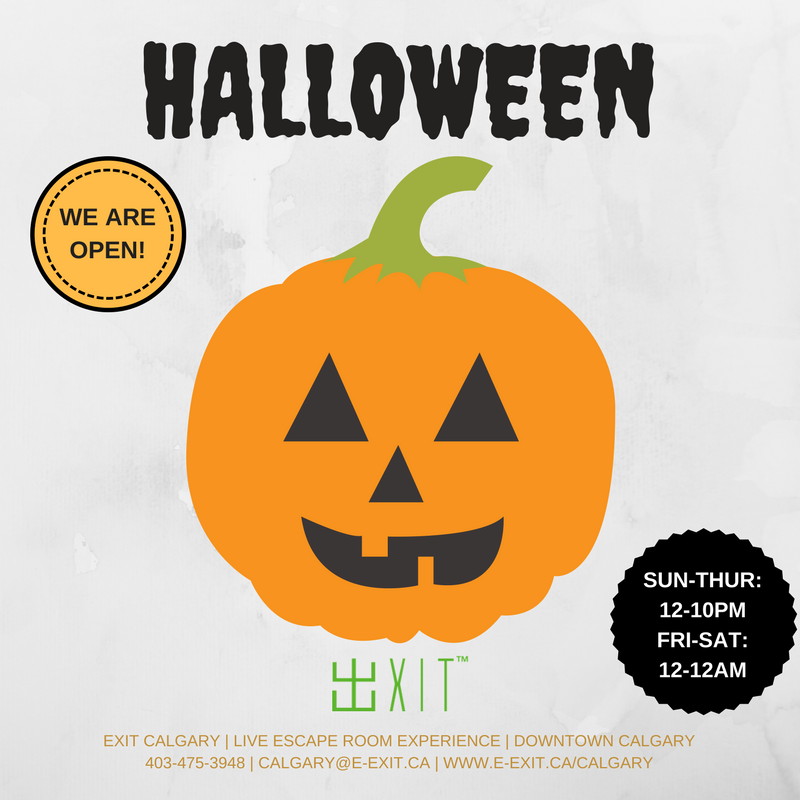 ExitCalgary's tweet image. Halloween: Dress up &amp;amp; Check in for 20% off normal admission prices
(must show proof of check-in on Facebook or Instagram) 
Call 403-475-3948
