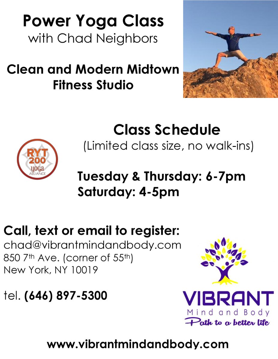 VibrantMindBody's tweet photo. Chad's power yoga classes are a great way to get fit &amp; meet new people! Use the contact details in this flyer! #newyork #wellness #exercise https://t.co/PfEWHuy7nA