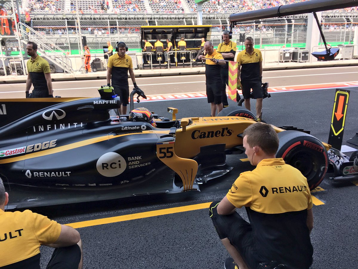 AlpineF1Team's tweet photo. Little bit of dancing from Carlos before returning to the garage. Kylie did compliment him this morning after all. 
#MexicoGP #FP2 https://t.co/EXKOMfYdQW