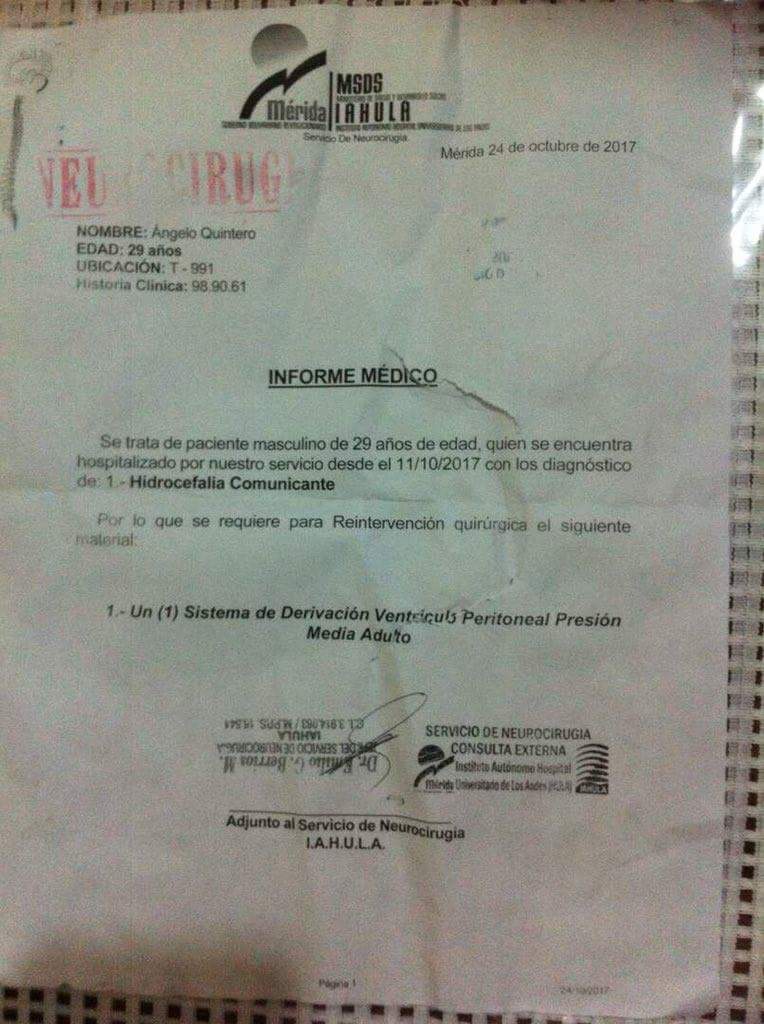 (((AYUDA))) Angelo Quintero esta reteniendo líquido necesita una válvula y operarlo para instalar la misma en su cráneo es de los guerreros que luchó en la calle por la libertad, 0426-8734770 parte de los 50Mil€ del premio que entregaron a la oposición deberian dárselo <a href="/LDanieri/">Lenin Danieri D</a>