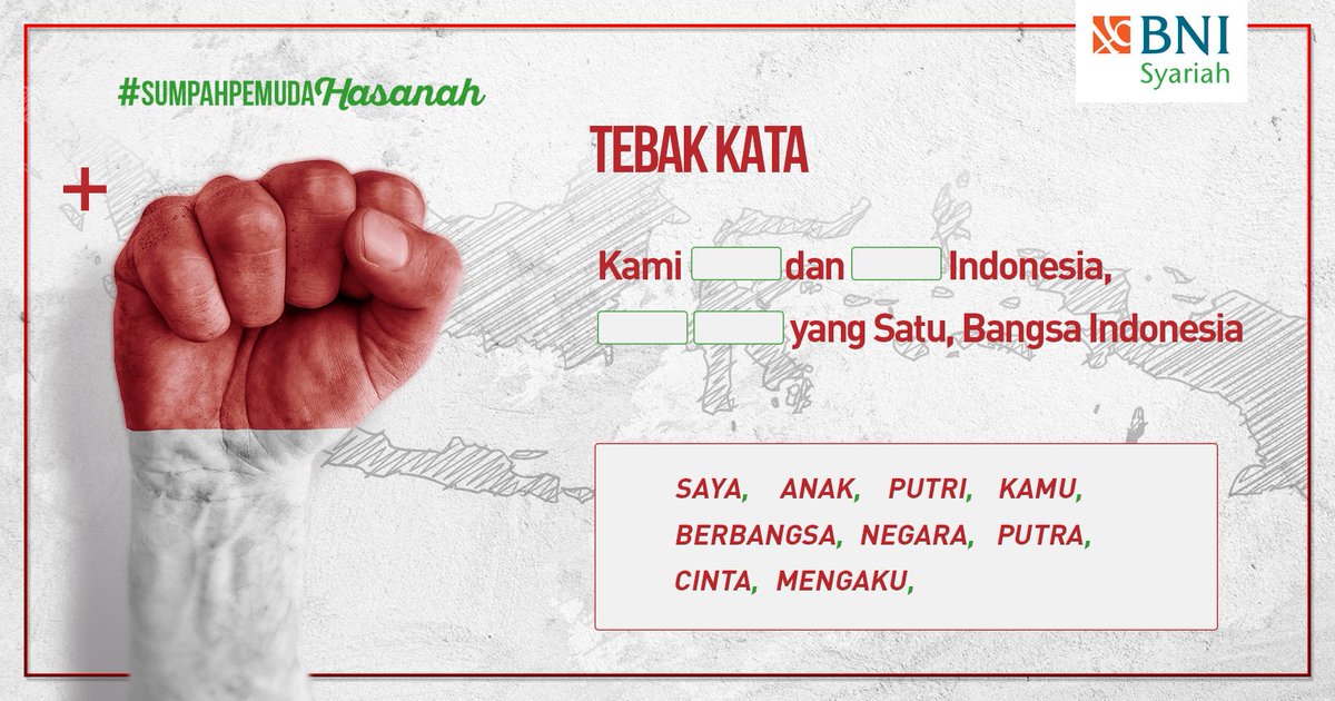 Sobat Hasanah berikut pertanyaan untuk #SumpahPemudaHasanah #Day2 :
Lengkapi kotak kosong berikut ini yuk, Sobat! :)