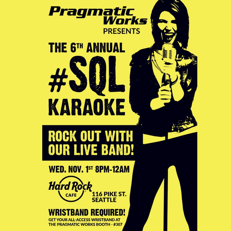 PragmaticWorks's tweet image. Going to #PASS Summit next week? Then you can't miss our 6th annual #SQLKaraoke event on 11/1. Grab a wristband at Booth 307 for free entry!