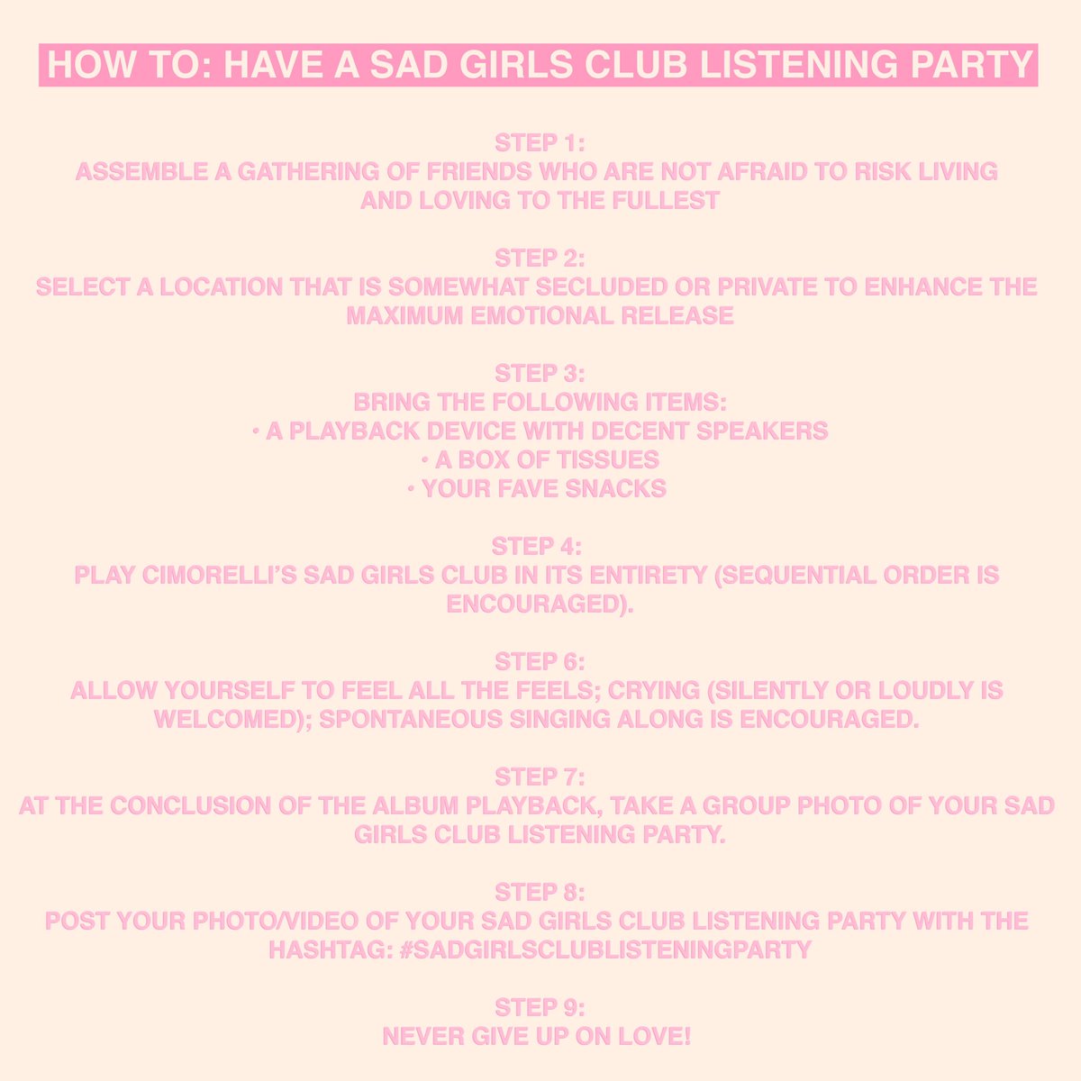 Cimorelliband's tweet photo. HAVE A SAD GIRLS CLUB LISTENING PARTY!!! https://t.co/yRfliCeQ1n