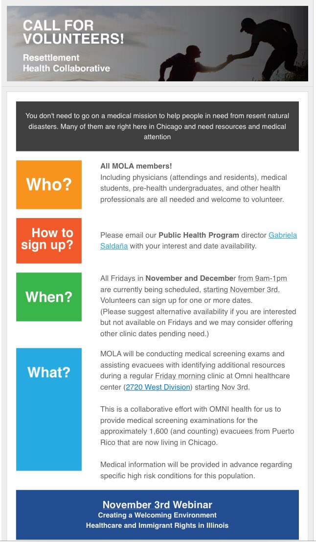 Joaquin Estrada MD (@j_estradamd) on Twitter photo <a href="/chicagomola/">MOLA Chicago</a> is looking for volunteers to help hurricane victims resettling in Chicago
attendee.gotowebinar.com/register/81707…
<a href="/UIC_HCOE/">UIC HCOE</a> <a href="/NHMAmd/">National Hispanic Medical Association</a> <a href="/chicagomola/">MOLA Chicago</a> is looking for volunteers to help hurricane victims resettling in Chicago
attendee.gotowebinar.com/register/81707…
<a href="/UIC_HCOE/">UIC HCOE</a> <a href="/NHMAmd/">National Hispanic Medical Association</a>