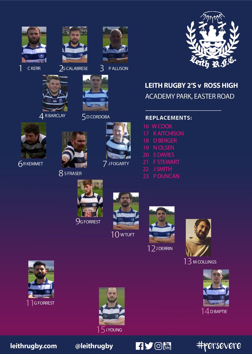 LeithRugby's tweet photo. A couple of handsome looking lineups for Leith tomorrow as the 1st XV go to #RDVC & the 2s host @rosshighrfc. Get to a game! #persevere https://t.co/OalvRoLHf6