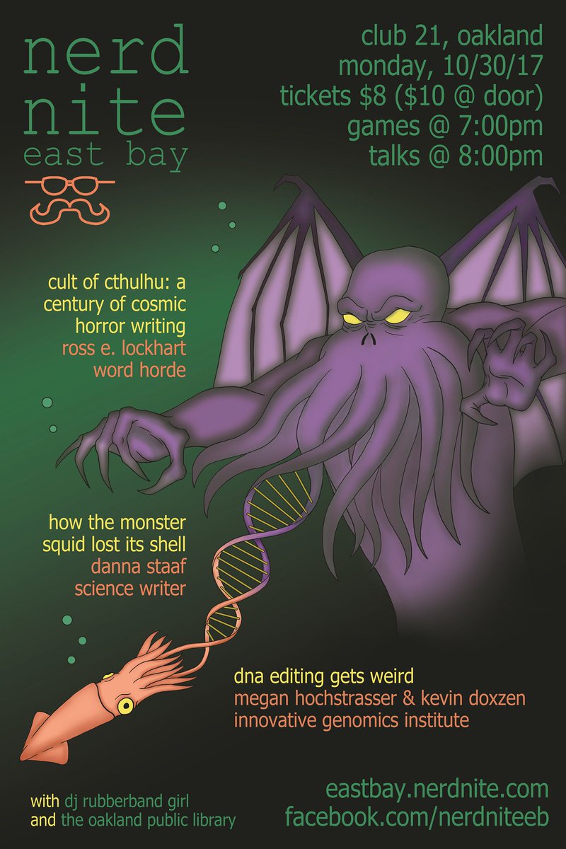 NerdNiteEB's tweet image. Mon 10/30! @NerdNiteEB at @club21oakland!
Squid, DNA Editing, Cthulhu Cult!
All proceeds to North Bay Fire Relief!
fb.com/events/2120706…