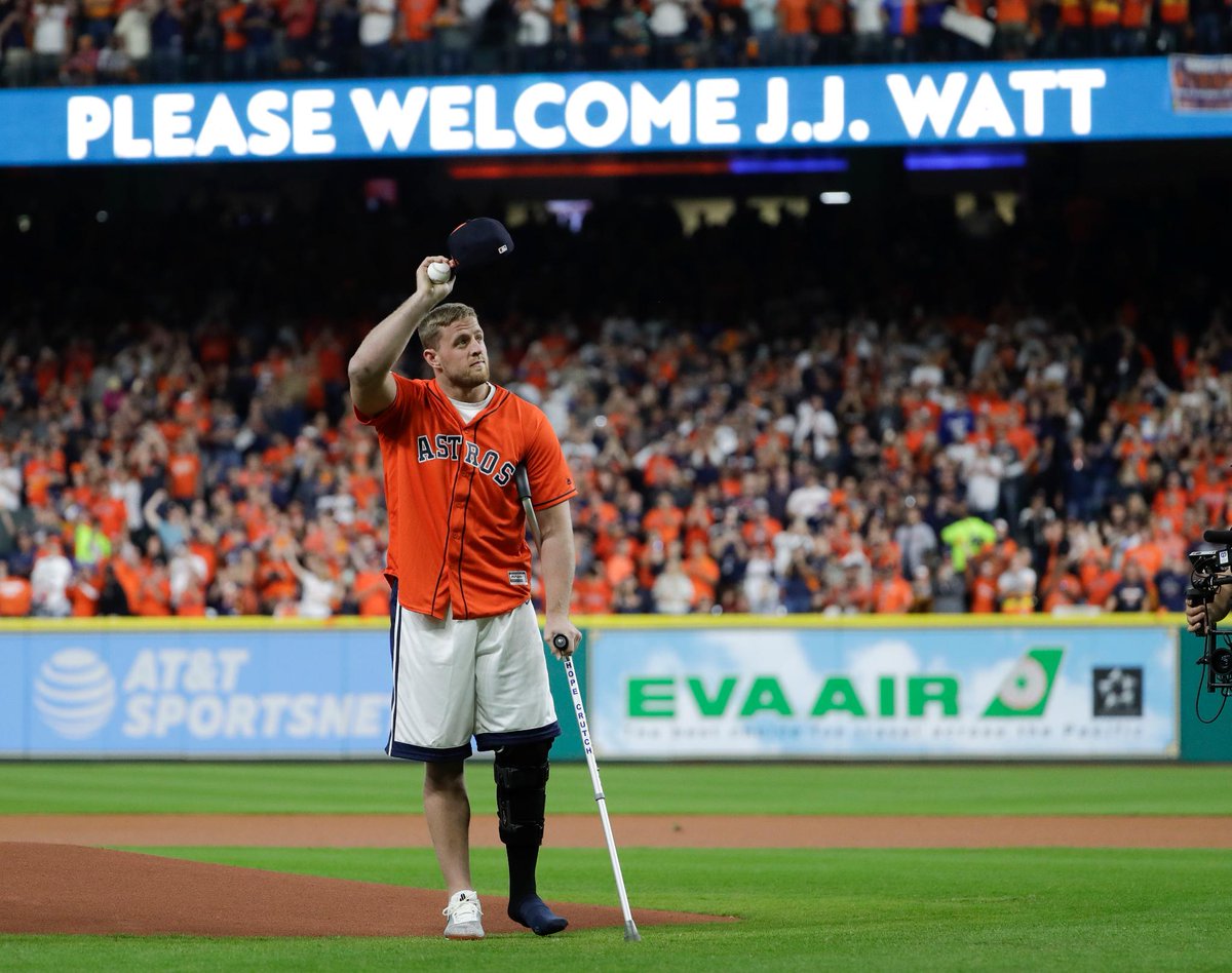 espn's tweet photo. Throwing out the first pitch on one leg is nothing for a guy who raised $37 million for Texas flood victims. https://t.co/EdBSgz0iAL