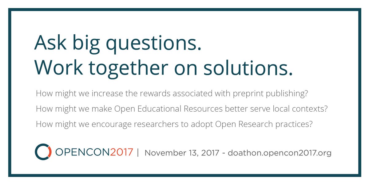 open_con's tweet photo. During #OpenCon's do-a-thon, we'll tackle big questions on #OpenResearch &amp; #OpenEducation. Submit a challenge at: https://t.co/i7dIDtS6dA https://t.co/KgEeSI0tcP
