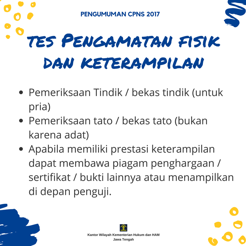 kemenkumjateng's tweet photo. Pengumuman Tes Pengamatan Fisik &amp; Keterampilan @cpnskumham2017 @Kemenkumham_RI 

Pengumuman lengkap dpt dilihat di : https://t.co/azAEX7PVjl https://t.co/GsKupLIU7J