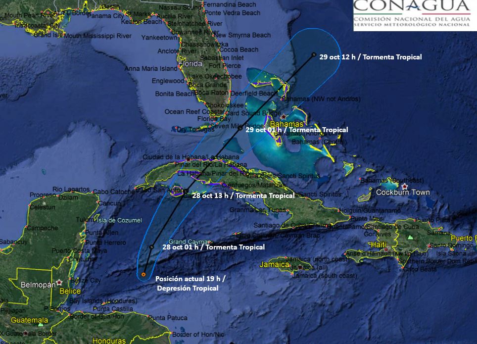 conagua_clima's tweet image. Trayectoria pronóstico de la #DepresiónTropical 18, a 465 km al sur-suroeste de Isla de la Juventud #Cuba avanza al nor-noroeste a 9 km/h
