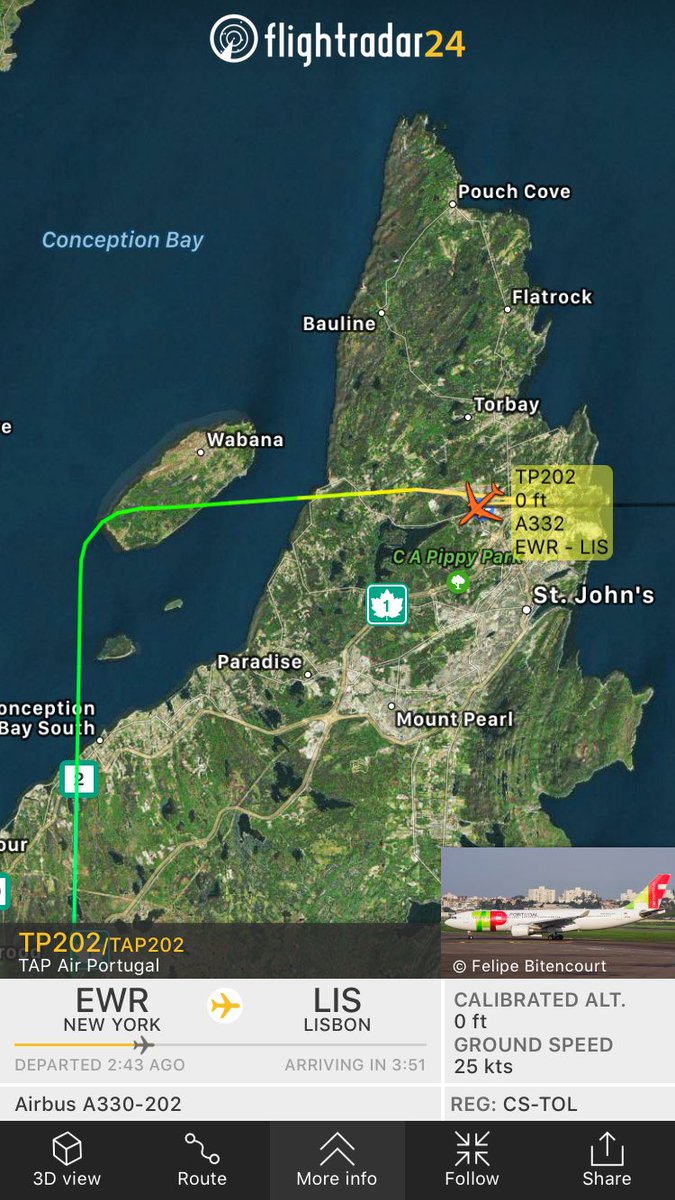 TomPodolec's tweet photo. TAP Air Portugal #TP202
Newark to Lisbon diverted to St. John's. Passenger medical. Medics &amp; fire at gate 1. 
https://t.co/Q8q0RFnqwj https://t.co/WnglM4mlUc