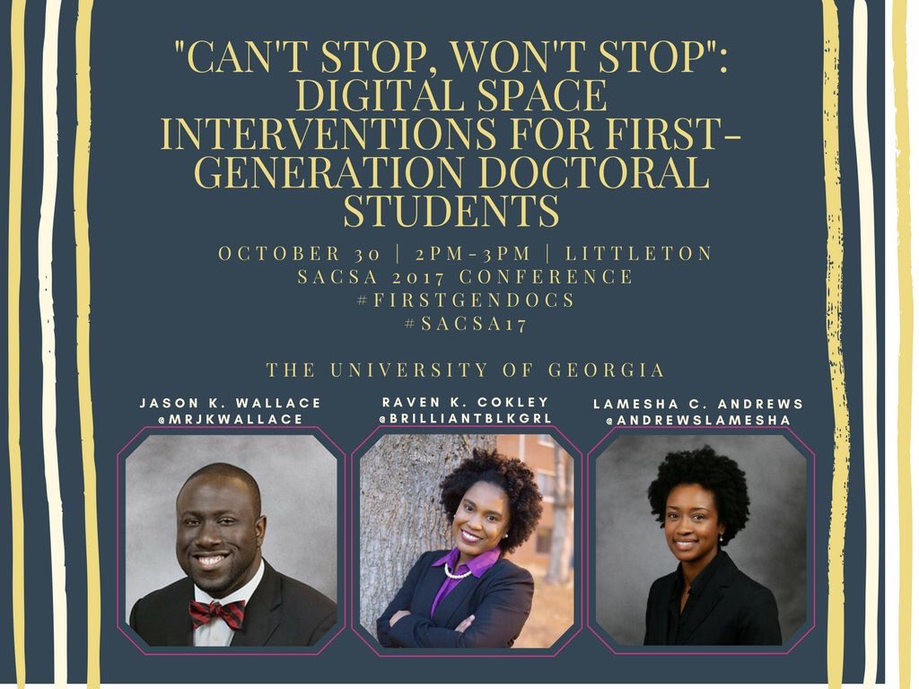 DrJKWallace's tweet photo. Regardless of how this shakes out, you can catch us at #SACSA17 this weekend as we amplify the voices of #firstgendoc students. https://t.co/ussIaCf19R
