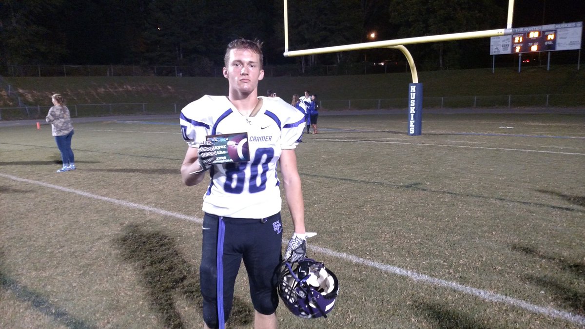 csncharlotte's tweet photo. Congratulations @dylanco11ins of @StuartCramerFB . Tonight's @JTPlaques Player of Game as @SWCramerStorm beat @HHussHuskies 21-14 in OT. https://t.co/uyCwkecKlz