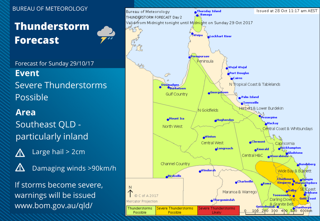 BOM_Qld's tweet photo. Severe thunderstorms are possible over #SEQLD on Sunday, particularly inland. See latest forecasts at: https://t.co/09dbEO9xDV #QldStorm https://t.co/ni5rf6DzA6