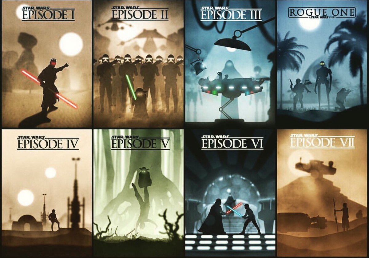 DH____SC's tweet photo. Which is your favorite? #starwars #newhope #empirestrikesback #returnofthejedi #phantommenace #attacoftheclones #revengeofthesith #rogueone https://t.co/NN1QbL8Ow4