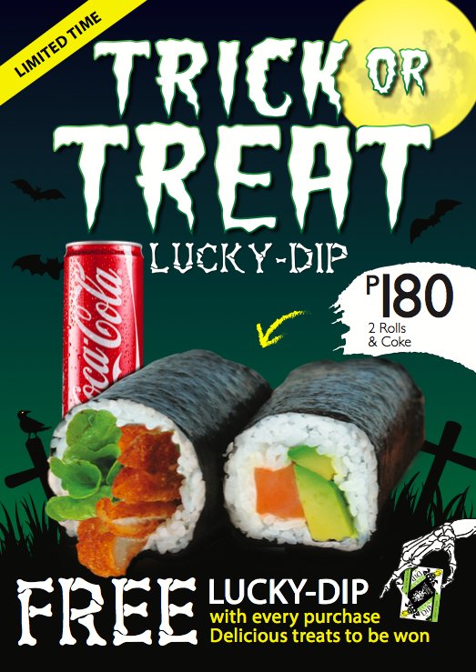abreezatweets's tweet photo. #WasabiWarriorsPH has a Trick or Treat surprise for you! Get 2 rolls plus 1 Coke for P180 and get to pick a prize from their lucky dip! https://t.co/S90w8eu8Qa