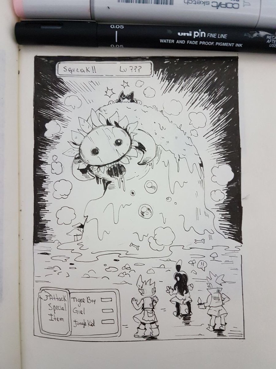 #inktober  Day 26: Squeak / The big fat cat, ravenous, jumped to the toxic monster. - But we didn't think of a plan ? - Let's fight! 