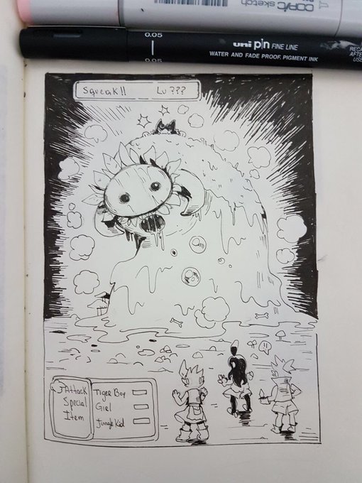 #inktober  Day 26: Squeak / The big fat cat, ravenous, jumped to the toxic monster. - But we didn't think of a plan ? - Let's fight! 