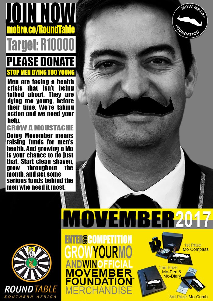 RoundTableSA's tweet photo. Competition time! Join #RTSAMovember and WIN official Movember Foundation prizes! So get ready to GRO that MO, BRO! https://t.co/xQlareQzEs https://t.co/FKcvNoLbr6