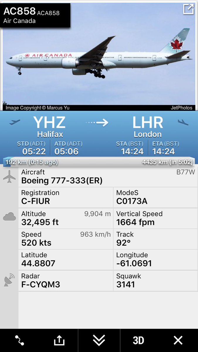 FlightIntl's tweet photo. Air Canada flight #AC858 from Toronto to London (LHR) diverted to Halifax and is continuing to LHR now https://t.co/tNDsc8jc0R