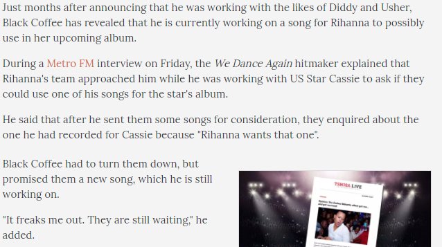 Rihanna2's tweet photo. Black Coffee (South African producer/DJ) revealed that he is working on a song for Rihanna's upcoming album #R9. https://t.co/xZ2ccYK2tA