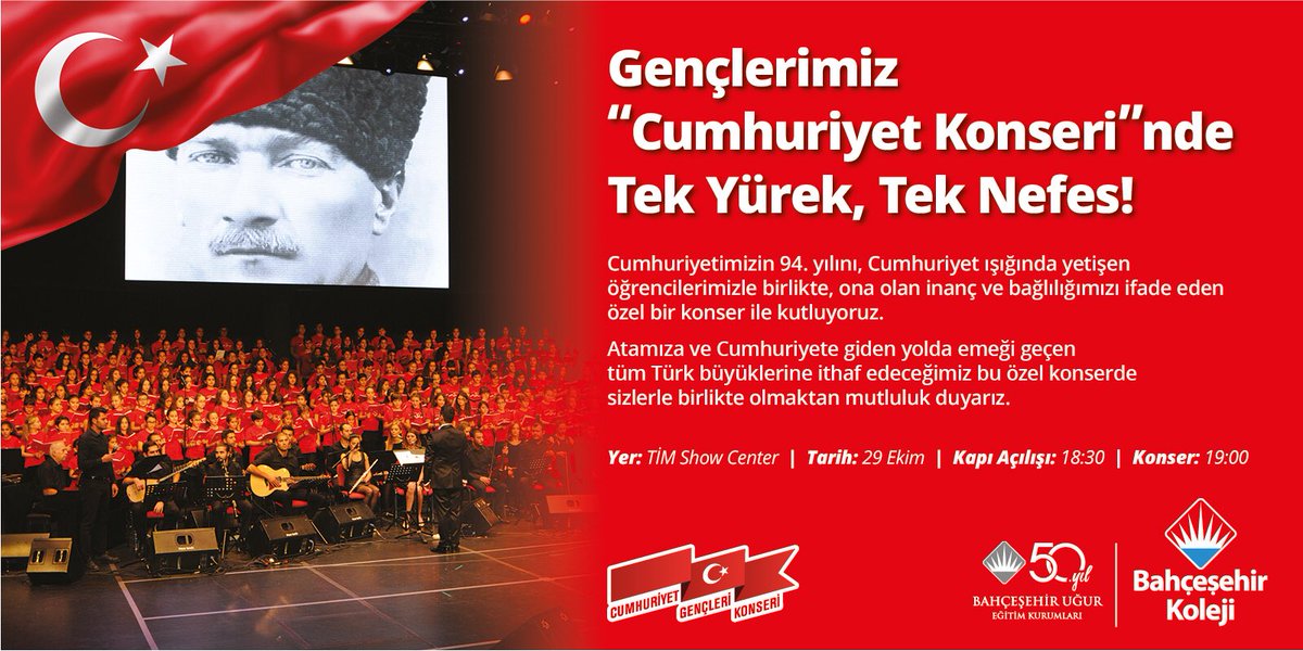 Cumhuriyetimizin 94. Yılını coşkuyla kutlayacağımız ‘’Cumhuriyet Gençleri Konseri’nde’’ buluşuyoruz. #29ekim