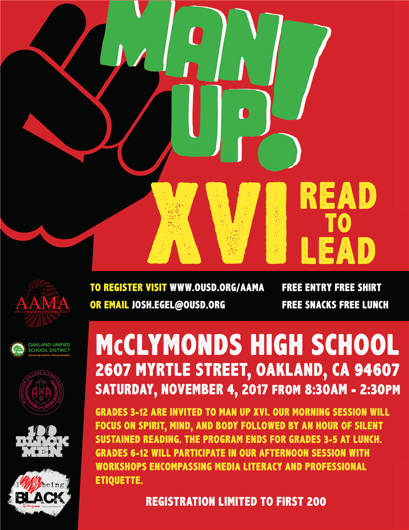 RFFOakland's tweet photo. Spread the word on the Man Up! Youth Conference for black male students in 3rd-12th grades. Hosted by @AAMAOUSD https://t.co/PLsUX1tPfN https://t.co/tJMRh8RjDB