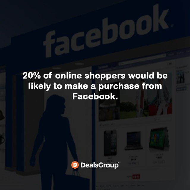 DealsGroupIN's tweet photo. 20% of Online Shoppers would be likely to make a purchase from Facebook.

#OnlineShoppers #Facebook #DealsGroupIN https://t.co/a79T0vhlOc