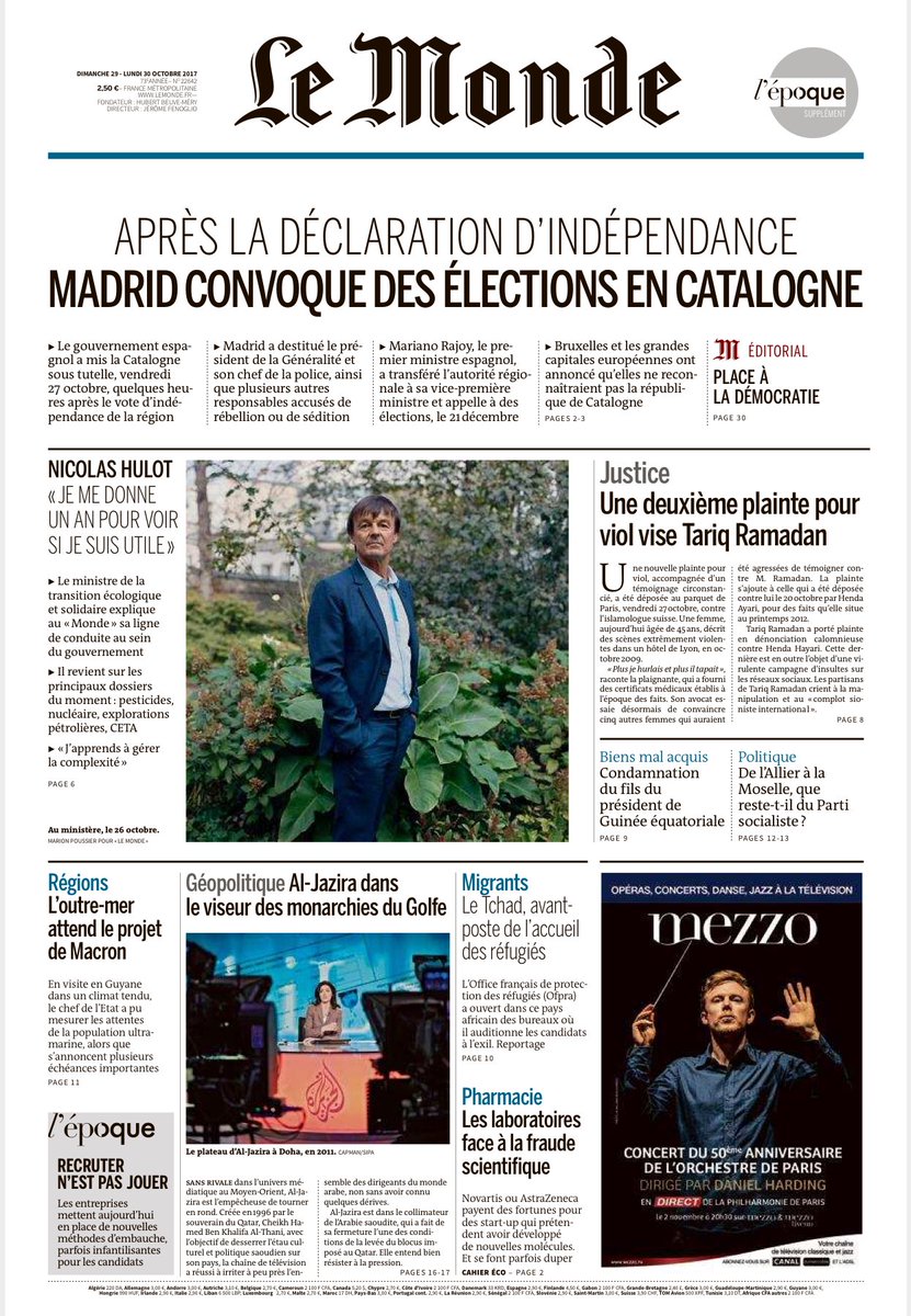 Cataluña a cinco columnas en la portada de Le Monde, edición del domingo 29. Y un editorial “Abrir paso a la democracia”
