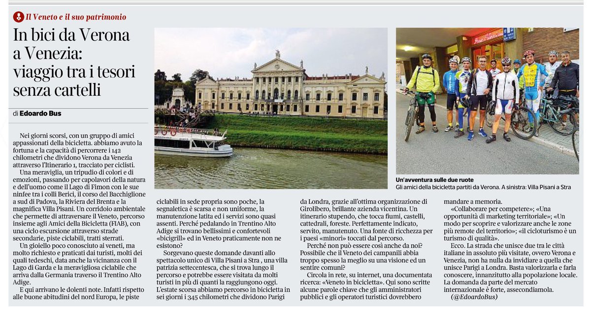 Mio articolo su <a href="/corriereveneto/">Corriere del Veneto</a>. In #bici da #Verona a #Venezia. Un parallelo con la #Parigi Londra. Un patrimonio turistico da valorizzare.